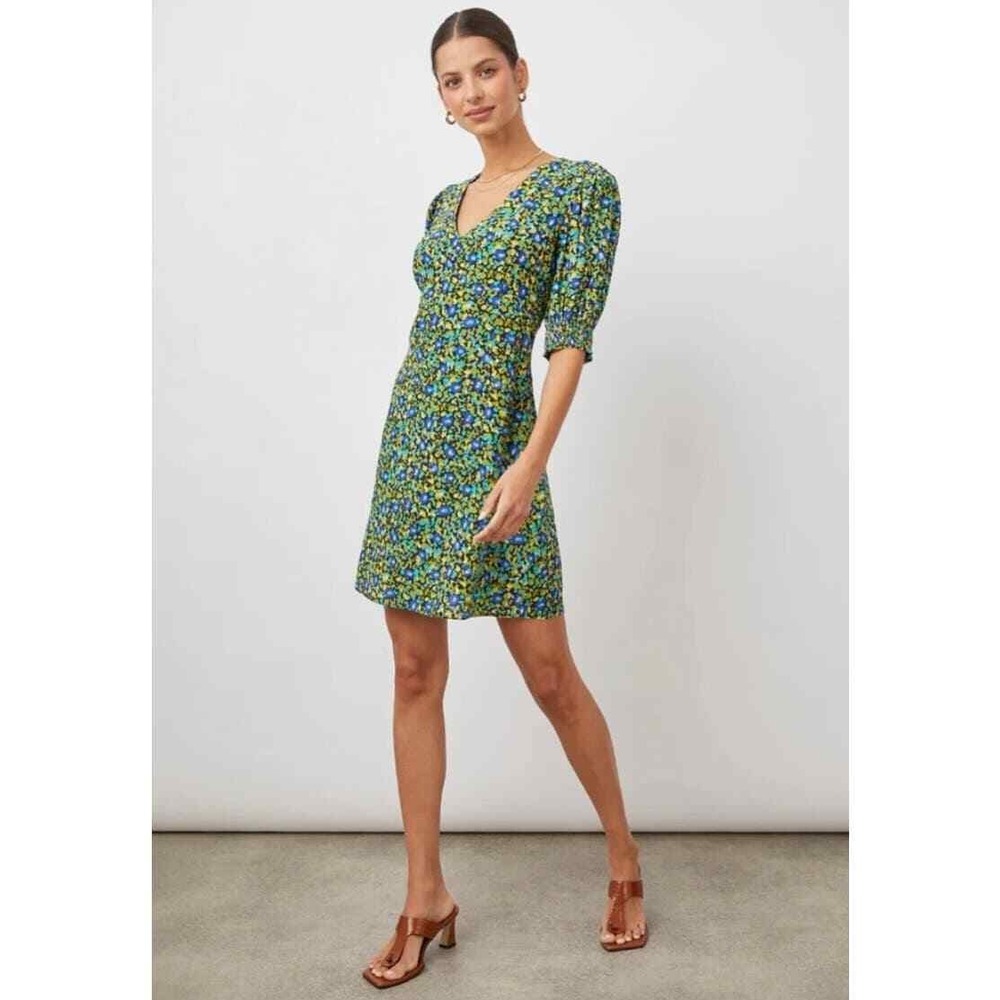 RAILS Roma Abstract Garden Dress Women Small Blue Floral Mini V-Neck Puff Sleeve - Picture 1 of 16